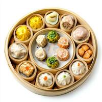 A platter of colorful dim sum, each delicate dumpling filled with a different savory filling, photo