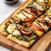 A close-up of a vegetable and pesto flatbread, with a crispy flatbread crust topped with pesto sauce photo