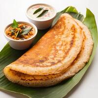 A close-up of a rava dosa, with a crispy crepe made from semolina batter, served with coconut photo