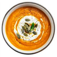 Top view of pumpkin soup with pumpkin seeds and cream in bowl isolated on white background photo