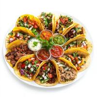 A plate of tacos with different sauces on it photo
