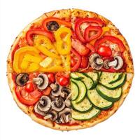 A vibrant image of a rainbow vegetable pizza, with colorful toppings of bell peppers, zucchini, photo