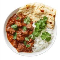 An image of a bowl of spicy vindaloo curry, served with basmati rice and naan bread, garnished with photo