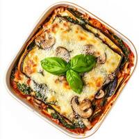 A dish with vegetables and cheese on top photo