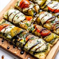 A pizza with tomatoes and cheese on a wooden board photo