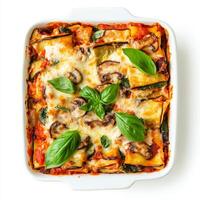 Vegan lasagna with spinach and mushrooms in a white casserole dish photo