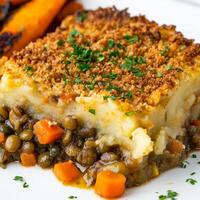 A plate of mashed potatoes and carrots with a piece of photo