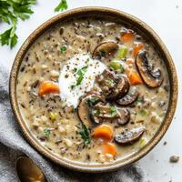 Mushroom and wild rice soup in a bowl photo