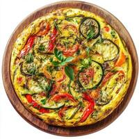 A visually appealing image of a colorful vegetable frittata, filled with seasonal vegetables and photo