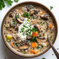 Wild rice soup with mushrooms and carrots photo