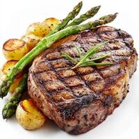A close-up of a perfectly grilled ribeye steak, its charred surface revealing a juicy and tender photo
