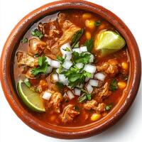 Chicken and corn soup in a brown bowl with lime slices photo