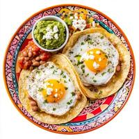 Mexican breakfast tacos with eggs and beans on a colorful plate photo