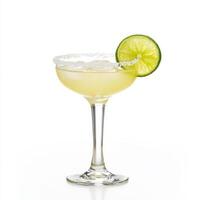 A close-up of a refreshing margarita, a classic Mexican cocktail, with tequila, lime juice, and orange liqueur, served in a salt-rimmed glass, garnished with a lime wedge, isolated on clean white photo
