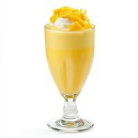 A glass of mango milkshake, with a creamy blend of mangoes, milk, and ice cream, isolated on clean white background. photo