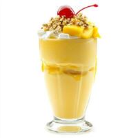 A glass of ice cream with a cherry on top photo