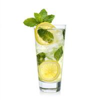 A glass of nimbu pani, with a refreshing drink made from lemon, sugar, and water, garnished with mint leaves and a slice of lemon, served in a tall glass with ice cubes, isolated on clean white photo