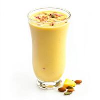 A glass of refreshing lassi, with a creamy yogurt base and a variety of flavors, such as mango, rose, or cardamom, garnished with nuts and saffron, isolated on clean white background. photo