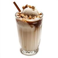 A glass of jigarthanda, with a refreshing drink made from milk, almond gum, and sarsaparilla syrup, garnished with nuts and ice cream, isolated on clean white background. photo