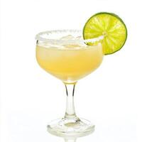 A glass of refreshing margarita, garnished with a lime wedge and a salt rim, resting on a sun-drenched patio table. The margarita, with its tart and refreshing flavor, offers a classic Mexican photo