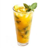 A glass of jaljeera, with a refreshing drink made from mint, cumin, and tamarind, garnished with mint leaves, boondi, and a slice of lemon, served in a tall glass, isolated on clean white background. photo