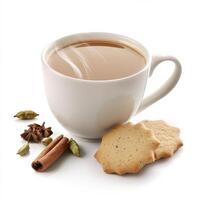 A steaming cup of masala chai, with a rich brown color and aromatic spices, served with a side of cardamom cookies, isolated on clean white background. photo