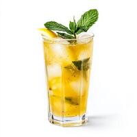 A glass of masala soda, with a refreshing blend of lemon, spices, and soda water, garnished with mint leaves, isolated on clean white background. photo