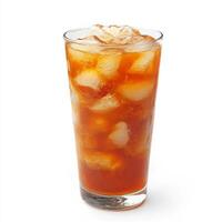 A close-up of a refreshing tamarind agua fresca, a sweet and tangy drink made with tamarind pulp, water, and sugar, served in a tall glass with ice, isolated on clean white background. photo