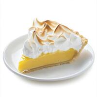 A well crafted shot of a slice of lemon meringue pie, featuring a tangy lemon custard and fluffy meringue, served on a white plate. The lemon meringue pie, with its sweet and tart flavors and airy photo