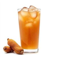 A close-up of a refreshing tamarind agua fresca, a sweet and tangy drink made with tamarind pulp, water, and sugar, served in a tall glass with ice and garnished with a tamarind pod, isolated on clean photo