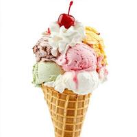 A close-up of a freshly made waffle cone, filled with scoops of colorful gelato in various flavors, topped with whipped cream and a cherry. The gelato, with its intense flavors and smooth, creamy photo