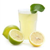 A glass of nimbu pani, with a refreshing drink made from lemon, sugar, and water, isolated on clean white background. photo