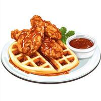 A detailed image of a plate of chicken and waffles, featuring crispy fried chicken and fluffy waffles, drizzled with maple syrup and served with a side of hot sauce. The chicken and waffles, with photo