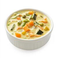 A bowl of vegetable aviyal, with a mixed vegetable curry in a coconut and yogurt sauce, isolated on clean white background. photo