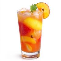 A close-up of a refreshing agua fresca, a light fruit drink made with fresh fruits, water, and a touch of sugar, served in a tall glass with ice and garnished with a fruit slice, isolated on clean photo