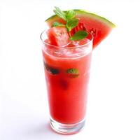 A glass of refreshing watermelon lemonade, garnished with a slice of fresh watermelon and a sprig of mint, resting on a sun-drenched table. The lemonade, with its sweet and tart flavor, offers a photo