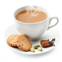 A steaming cup of masala chai, with a rich brown color and aromatic spices, served with cardamom cookies, isolated on clean white background. photo