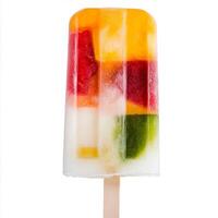 A close-up of a refreshing paleta, a Mexican ice pop, available in a variety of fruit flavors, with chunks of fruit visible, isolated on clean white background. photo