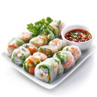 A platter of colorful spring rolls, each filled with fresh vegetables, shrimp, and herbs. The spring rolls, a light and refreshing appetizer, offer a Vietnamese culinary experience. The rice paper photo