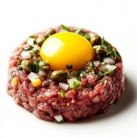 A meticulous close-up of a plate of beef tartare, featuring raw ground beef with capers, onions, and herbs, topped with a raw egg yolk. The beef tartare, with its bold flavors and delicate preparation photo