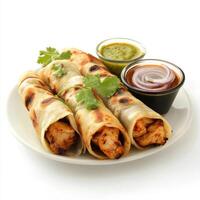 A plate of chicken kathi roll, with chicken cooked with spices and wrapped in a paratha, with onions and chutney, isolated on clean white background. photo