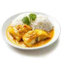 A plate of fish curry, with fish cooked in a tangy coconut and tamarind sauce, served with rice, isolated on clean white background. photo