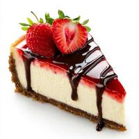 A close-up of a slice of decadent cheesecake, topped with a layer of fresh strawberries and a drizzle of chocolate sauce. The cheesecake, with its creamy and rich texture, offers an indulgent dessert photo