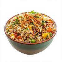 A vibrant bowl of vegetable biryani, with colorful vegetables, basmati rice, and aromatic spices, garnished with fried onions, isolated on clean white background. photo