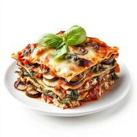 A vibrant plate of vegetable lasagna, with layers of zucchini, eggplant, mushrooms, spinach, ricotta cheese, and marinara sauce, baked until bubbly and golden brown, garnished with fresh basil leaves, photo