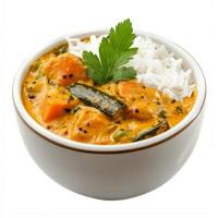 A bowl of vegetable aviyal, with a mixed vegetable curry in a coconut and yogurt sauce, served with rice, isolated on clean white background. photo