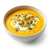 A bowl of butternut squash soup with roasted pumpkin seeds and a swirl of cream, isolated on clean white background. photo