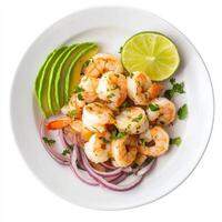 A plate of shrimp and scallop ceviche, shrimp and scallops marinated in lime juice, with red onions, cilantro, and serrano peppers, served cold and garnished with avocado slices, isolated on clean photo