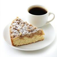 An enticing shot of a slice of coffee cake, topped with a crumbly streusel and a dusting of powdered sugar, served with a cup of coffee. The coffee cake, with its warm, cinnamon-spiced flavor, offers photo