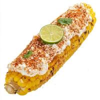 A close-up of a street-style elote, grilled corn on the cob, slathered in mayonnaise, cotija cheese, chili powder, and a squeeze of lime juice, isolated on clean white background. photo
